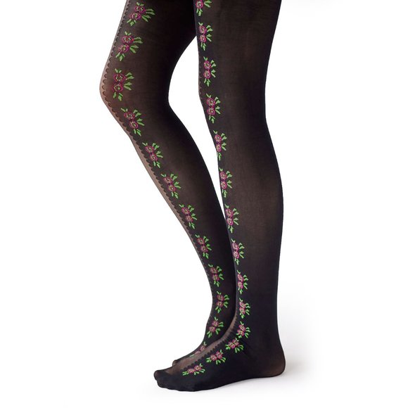 Black vintage rose pattern print floral tights - Picture 4 of 5